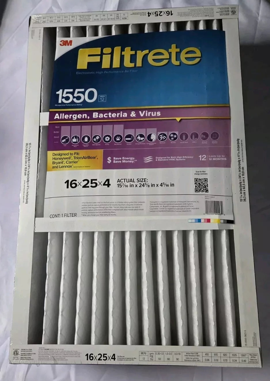 3M Filtrete 16" X 25" X 4" Allergen Reduction Filter 1550 Deep Pleat